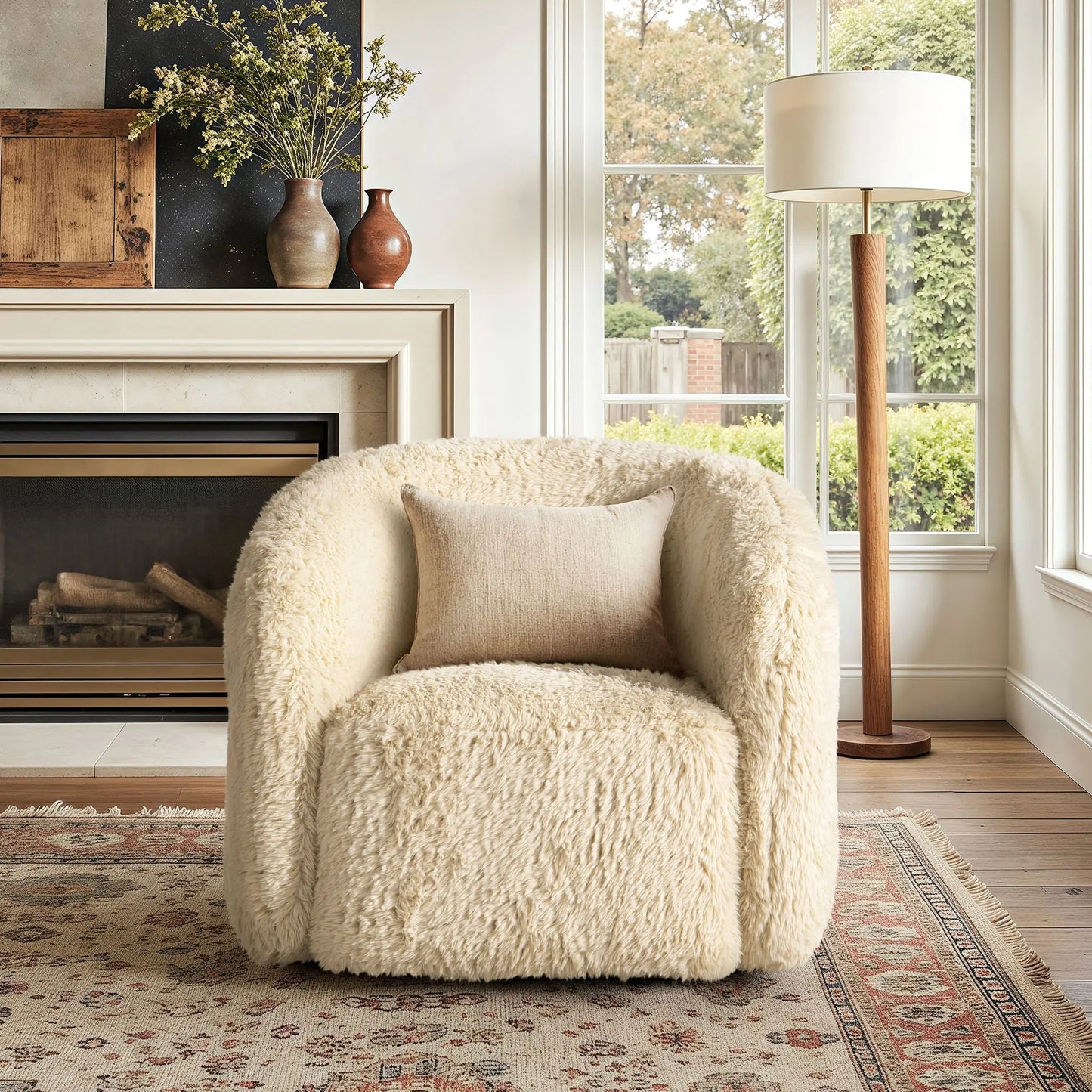 Colt - Fur Swivel Upholstered Barrel Accent Arm Chair - Cream Beige Jennifer Taylor Home