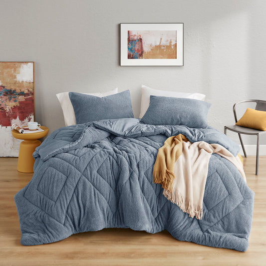 Kyla - Full/Queen Double Diamond Quilted Teddy Comforter Set - Blue Super Listing