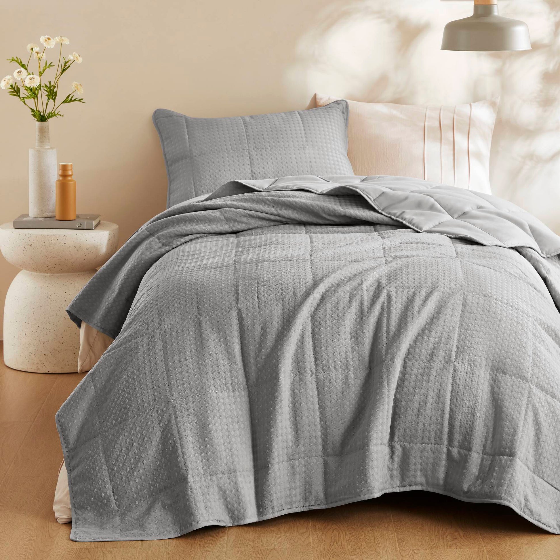 Mina - Twin/Twin Long Waffle Weave Textured Quilt Set - Gray Super Listing