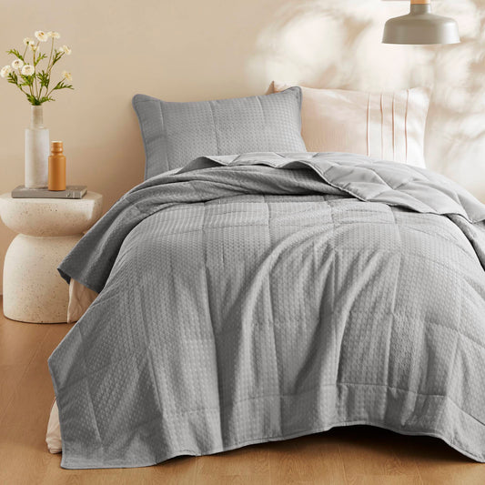 Mina - Twin/Twin Long Waffle Weave Textured Quilt Set - Gray Super Listing