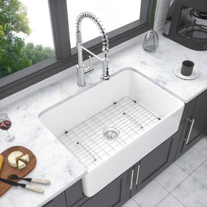 Sink 30" Apron Front Reversible Single Bowl Kitchen Sink & Grid And Strainer - White Daily Nest