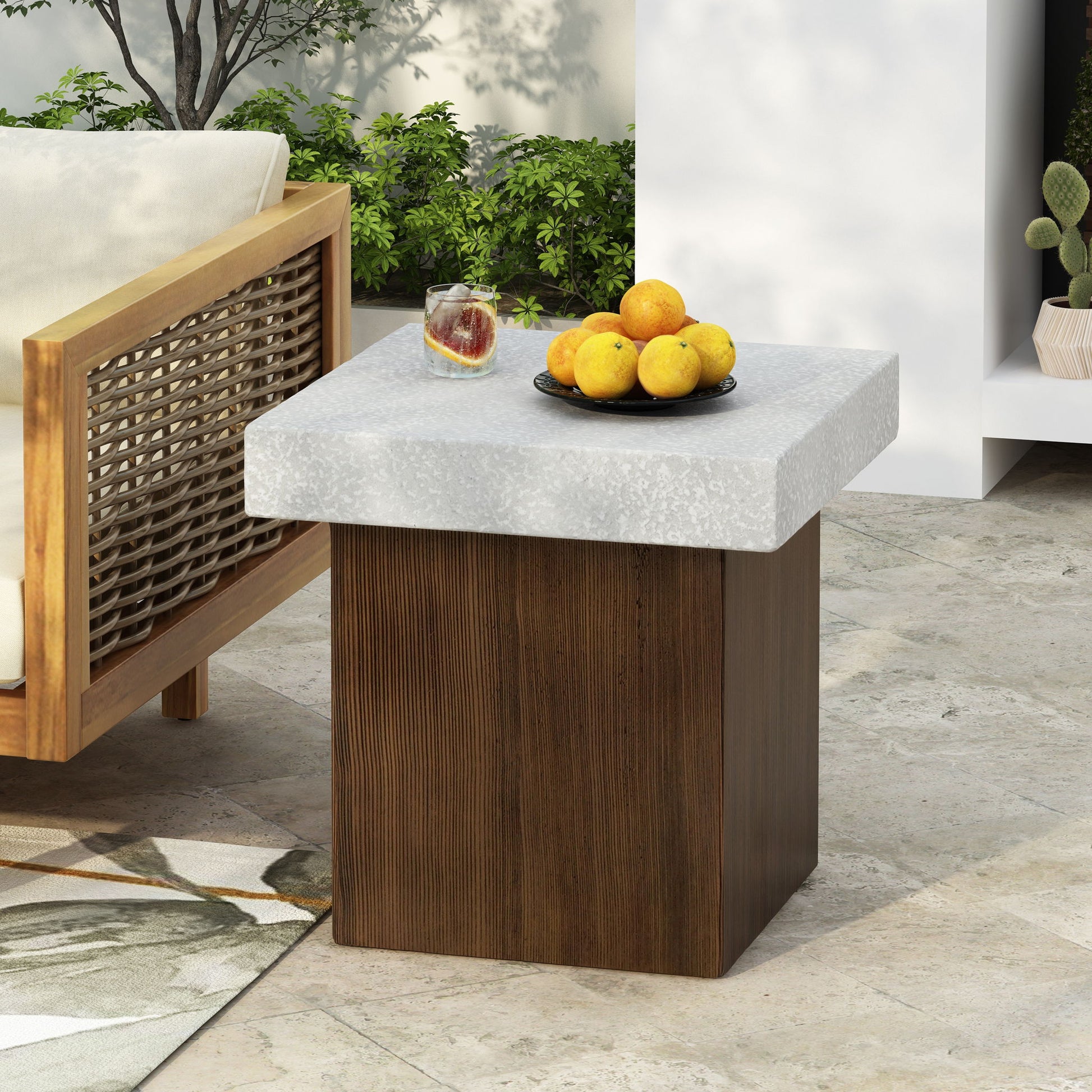 Mgo Square Side Table With Faux Stone Top And Wood Frame - Antique White / Natural Wood Noble House
