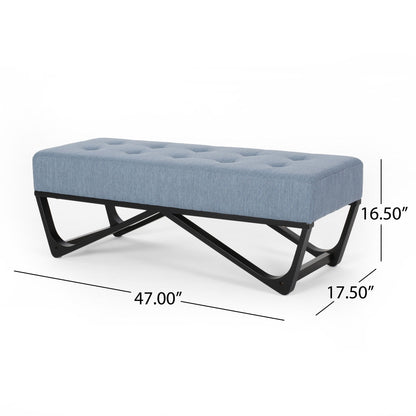 Upholstered Ottoman With Button Tufted Waffle Stitch And Black Geometric Legs - Light Blue Noble House