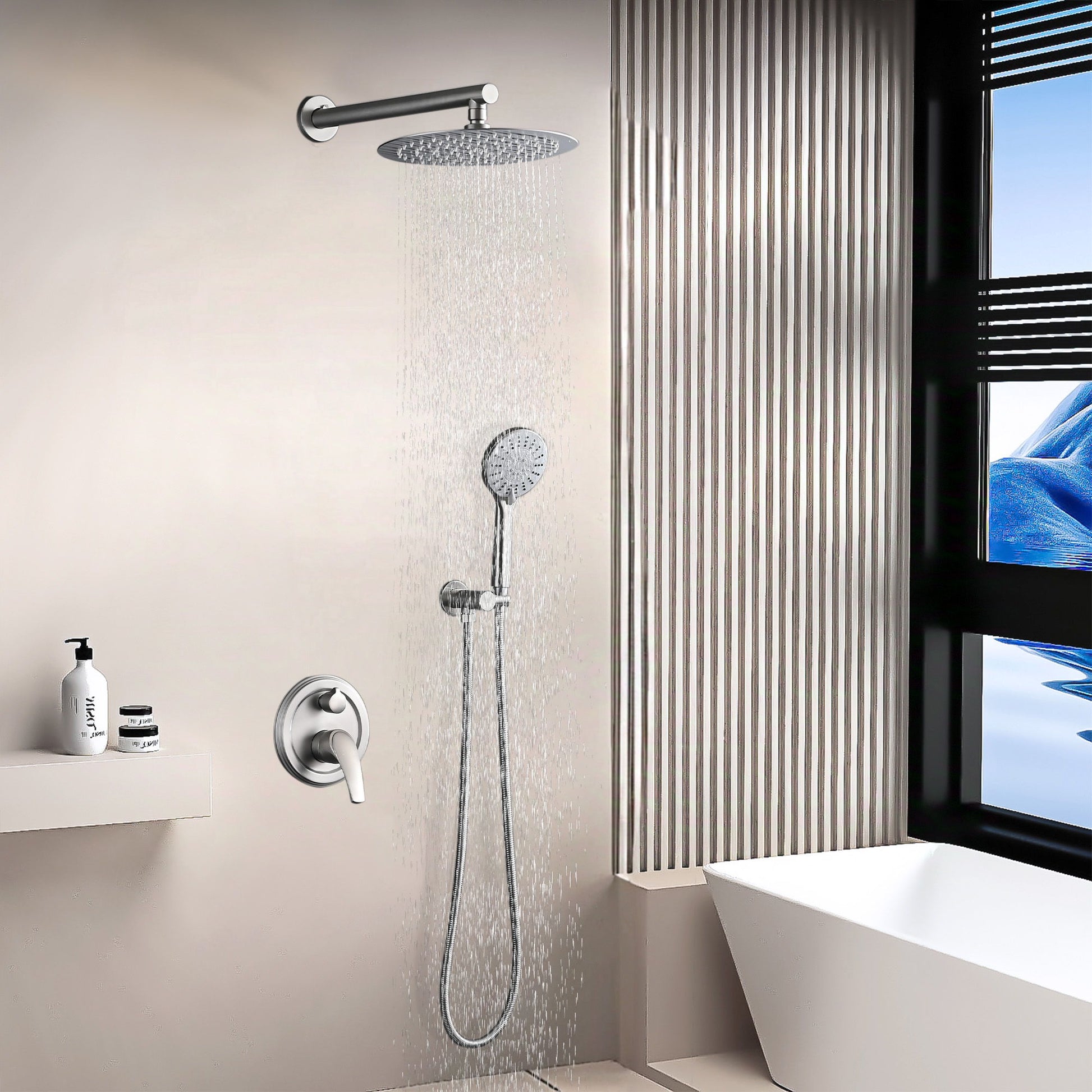 Wall Mounted Shower Set With High Pressure 10" Rain Shower Head And 5 Function Handheld Shower Head Daily Nest