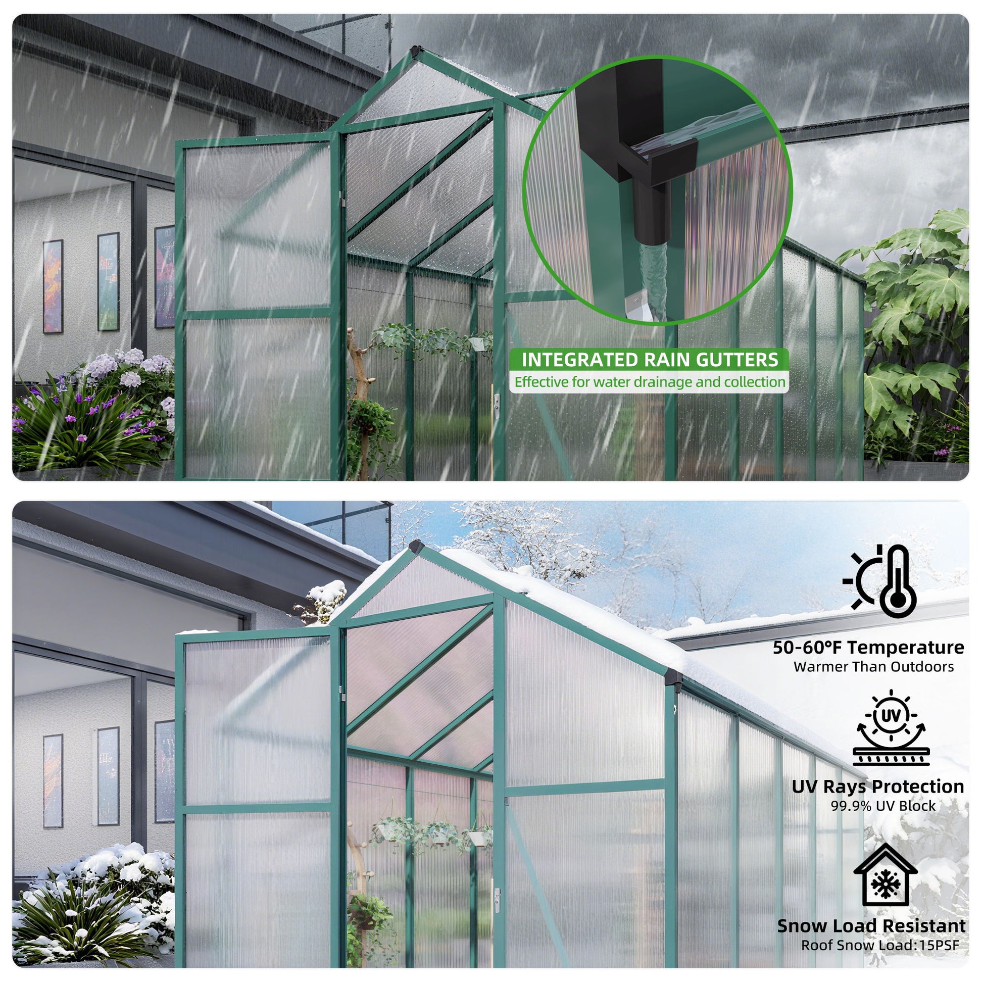 Polycarbonate Walk-In Greenhouse, Raised Base For Outdoor In All Season Daily Nest