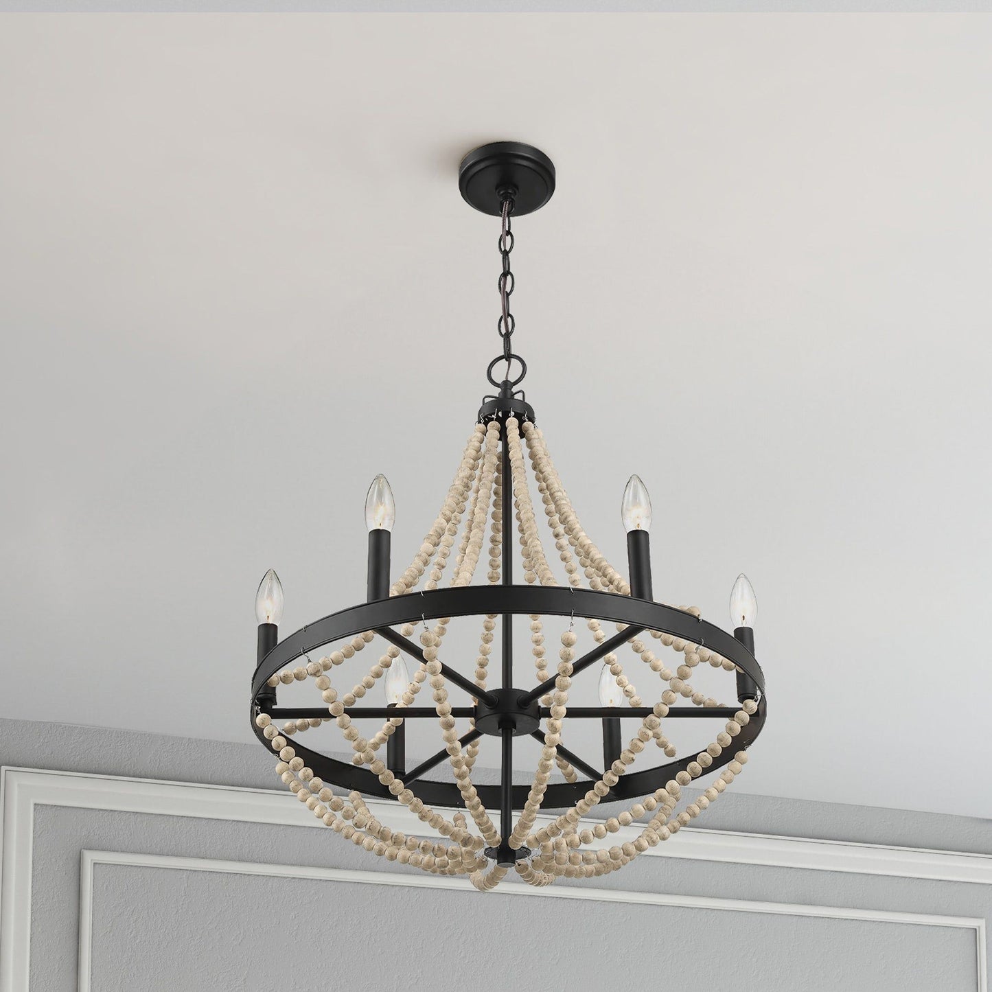 Starry - Chandelier Farmhouse Six Candle Light Wood Beaded Pendant Light For Dining Room - Black / Clear Ashcroft Furniture
