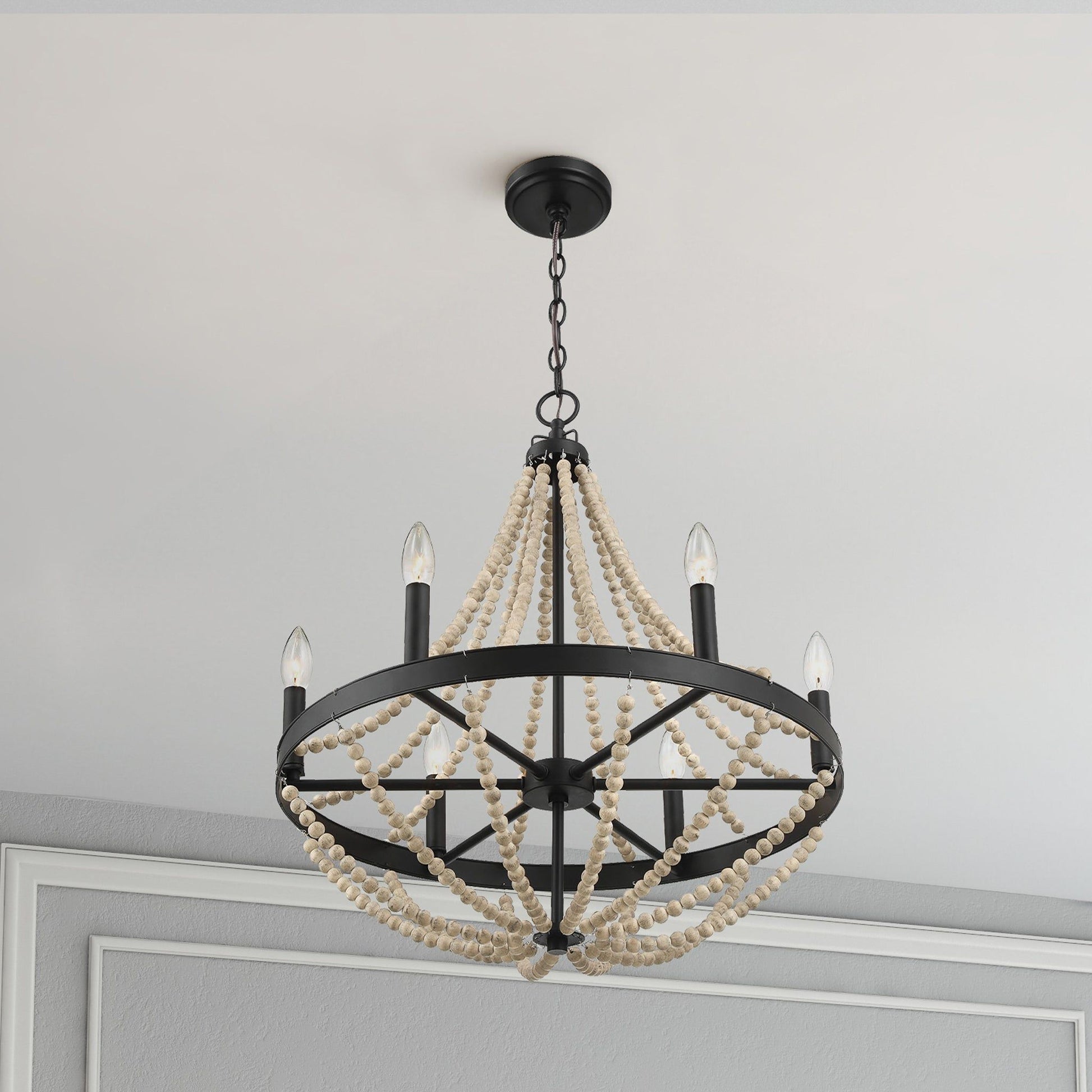 Starry - Chandelier Farmhouse Six Candle Light Wood Beaded Pendant Light For Dining Room - Black / Clear Ashcroft Furniture
