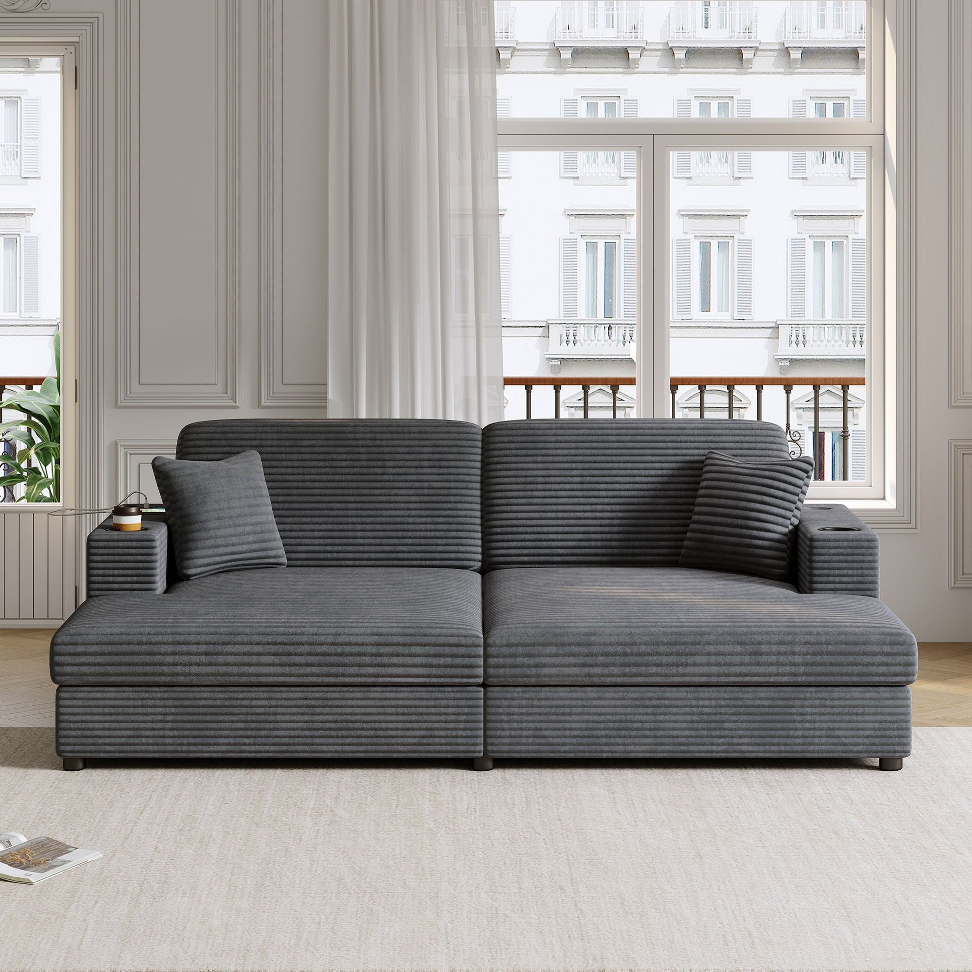 Oversized Loveseat Chaise With 2 USB Ports, 2 Cup Holders And 2 Throw Pillows Hearth and Haven