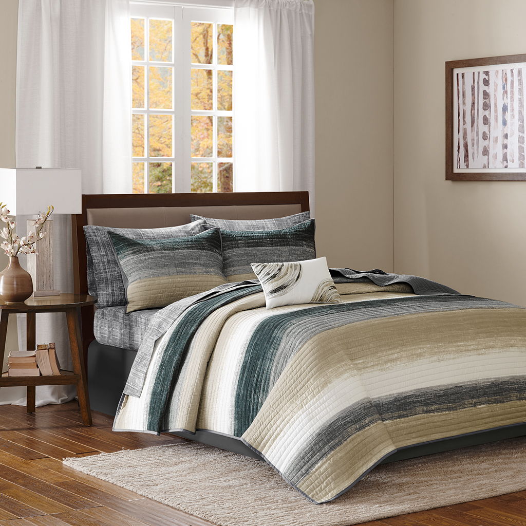 Saben - California King Complete Reversible Coverlet And Sheet Set - Taupe