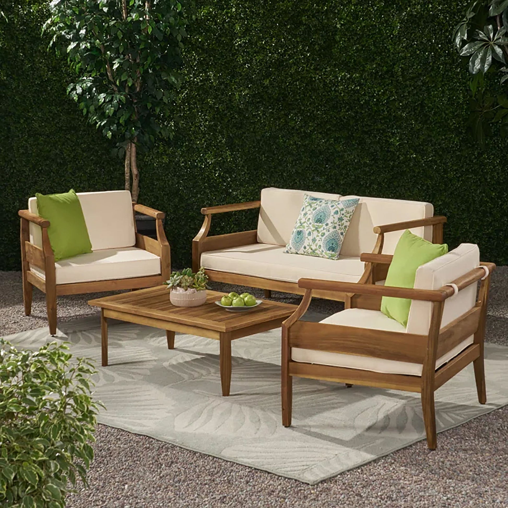 Alluvion - 4 Piece Wood Outdoor Patio Conversation Set With Cream Cushions - Teak / Beige Noble House