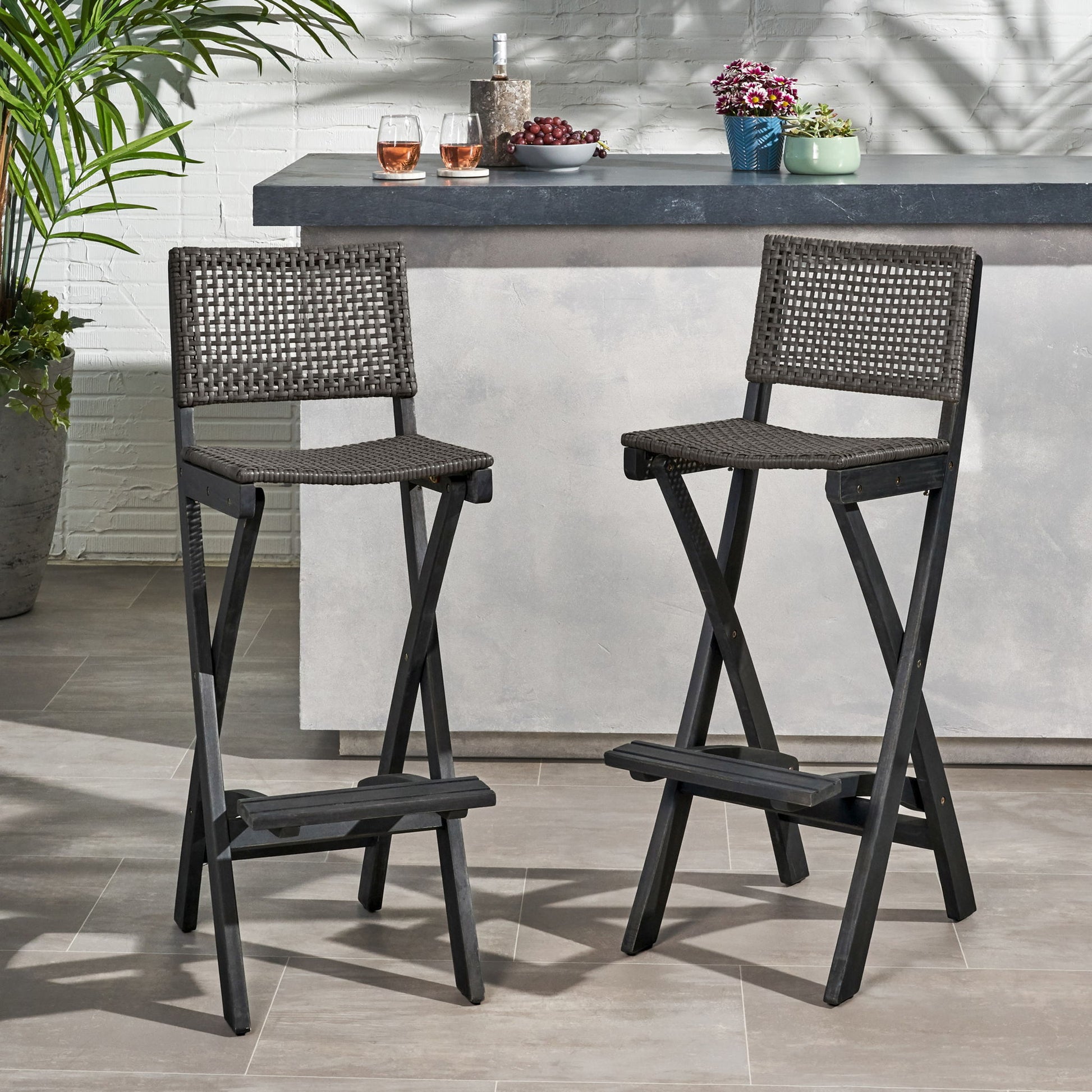 Outdoor Folding Acacia Wood Barstools With Rattan Backrest And Seat Noble House