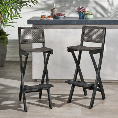 Outdoor Folding Acacia Wood Barstools With Rattan Backrest And Seat Noble House