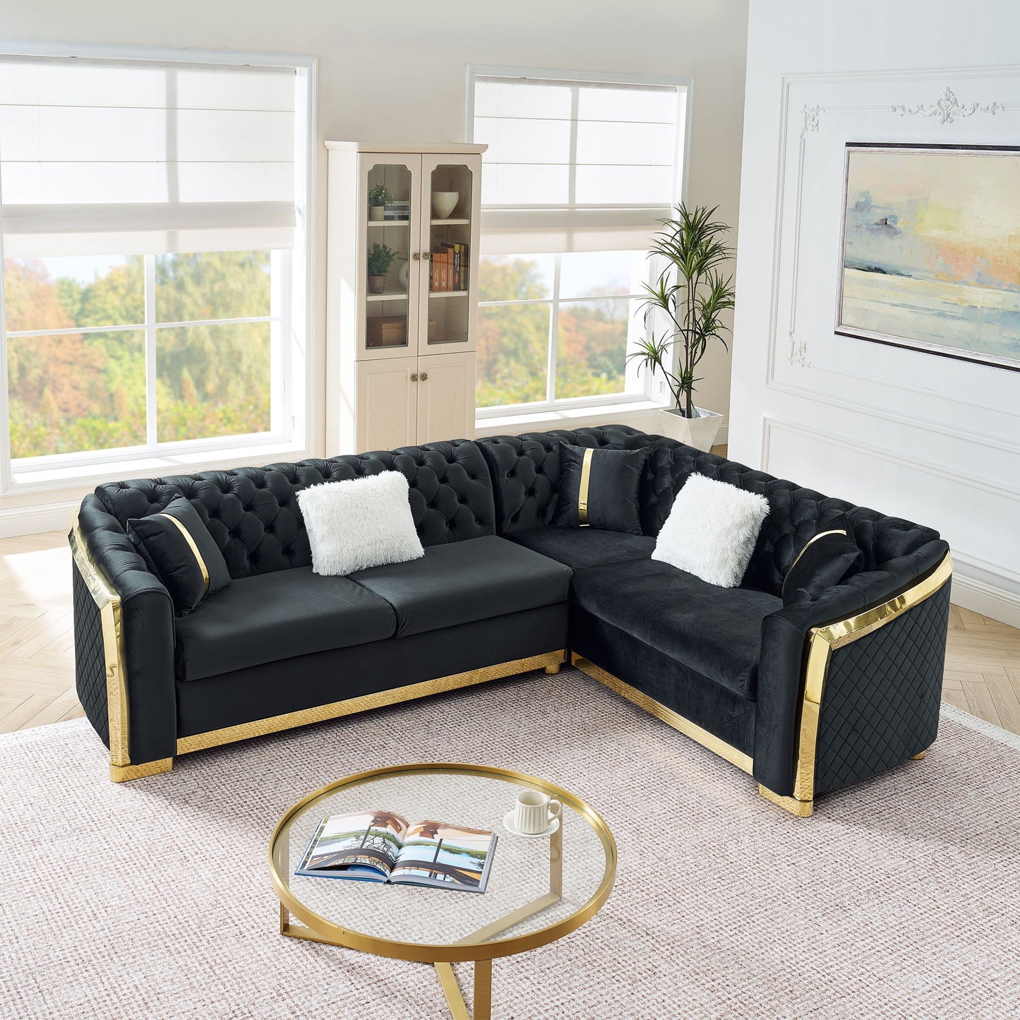 L Shaped Chesterfield Sectional Sofa With Stainless Steel Accents Home Essentials