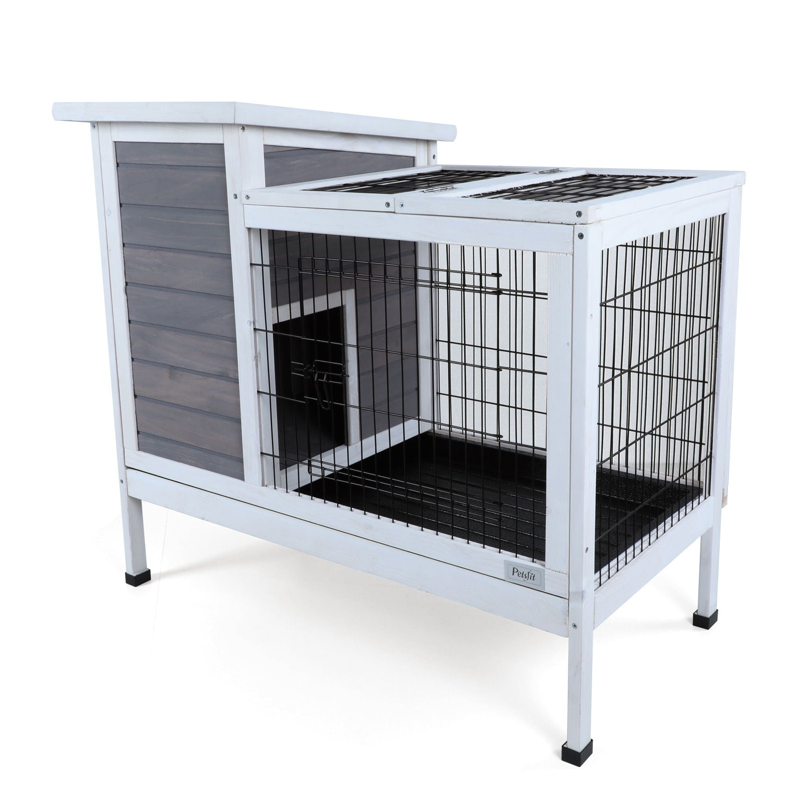 Two Tier Wooden Indoor / Outdoor Rabbit Cage For Small Animals With Runway And Leak-Proof Plastic Tray Daily Nest