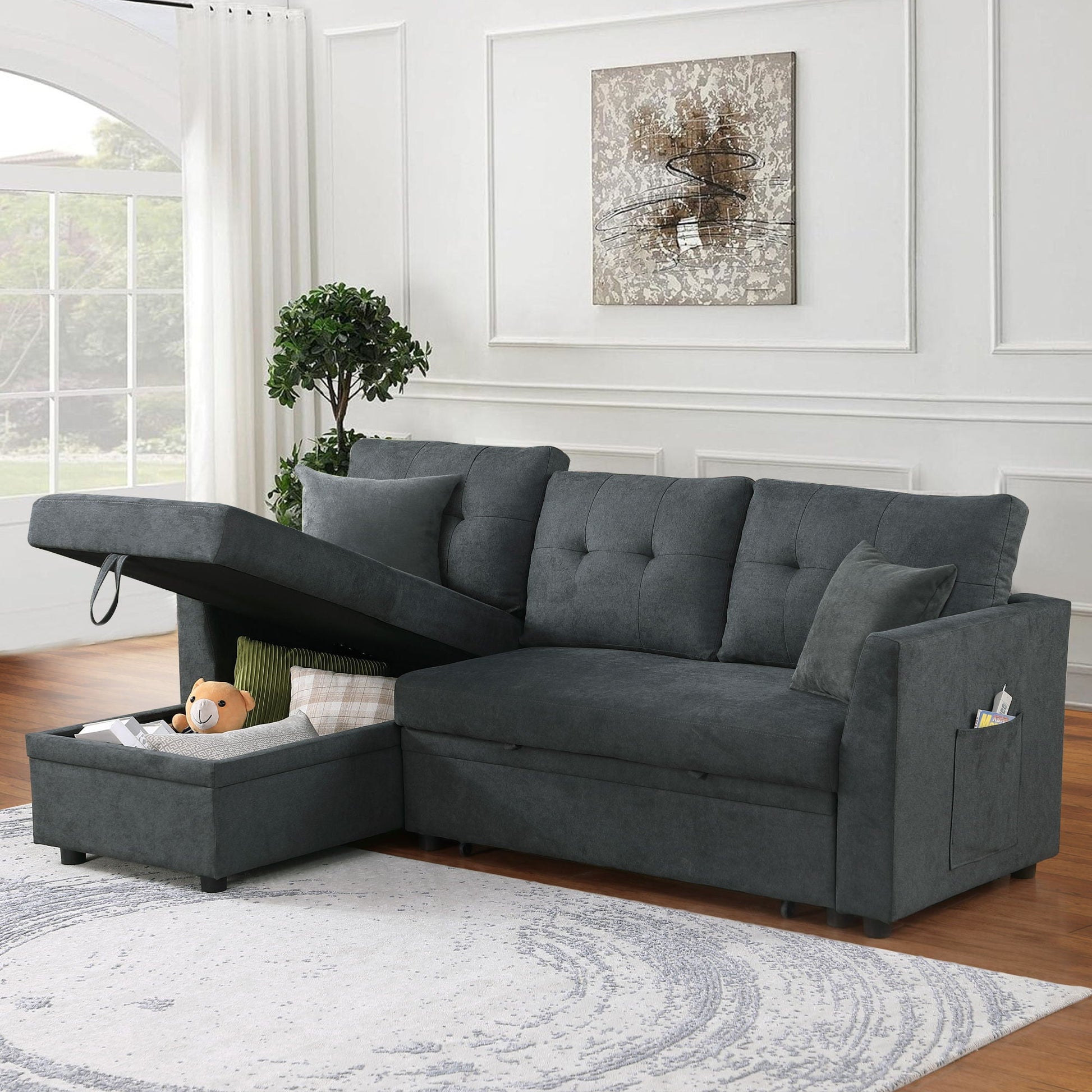 Sectional Sofa Bed L Shaped Sofa Couch Bed With USB Port, Reversible Chaise With Storage Home Essentials
