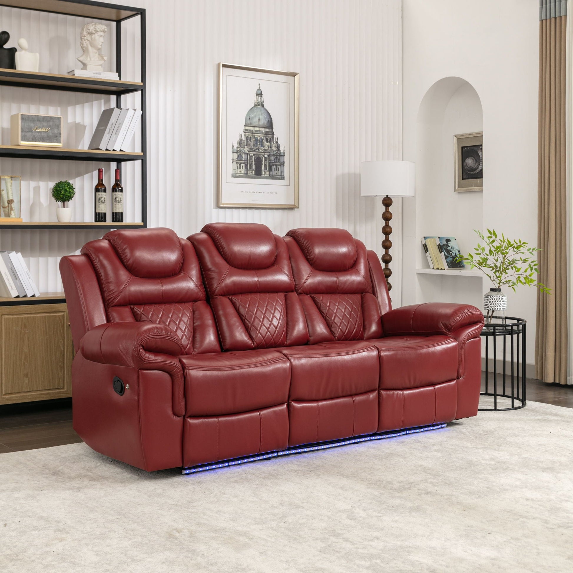 Home Theater Seating Manual Recliner Chair With Center Console And Led Light Strip For Living Room Hearth and Haven