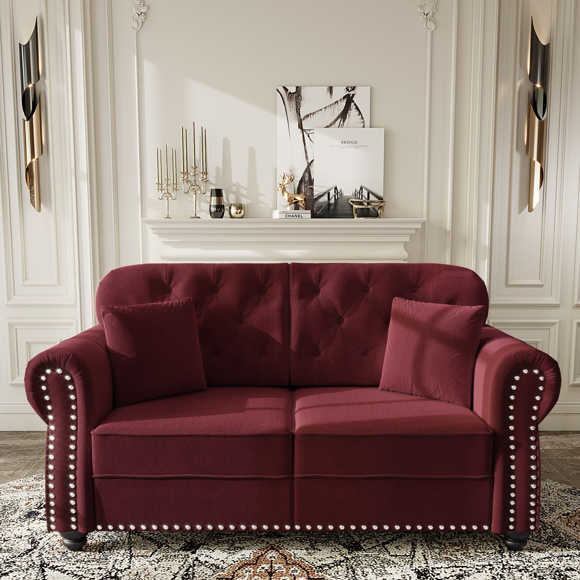Upholstered Chesterfield Sofa With Nailhead Trim And Rolled Armrests Home Essentials