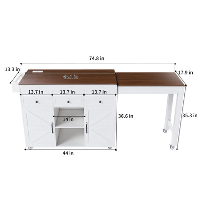 Modern Kitchen Island With Extendable Dining Table & Power Outlet - White Home Essentials