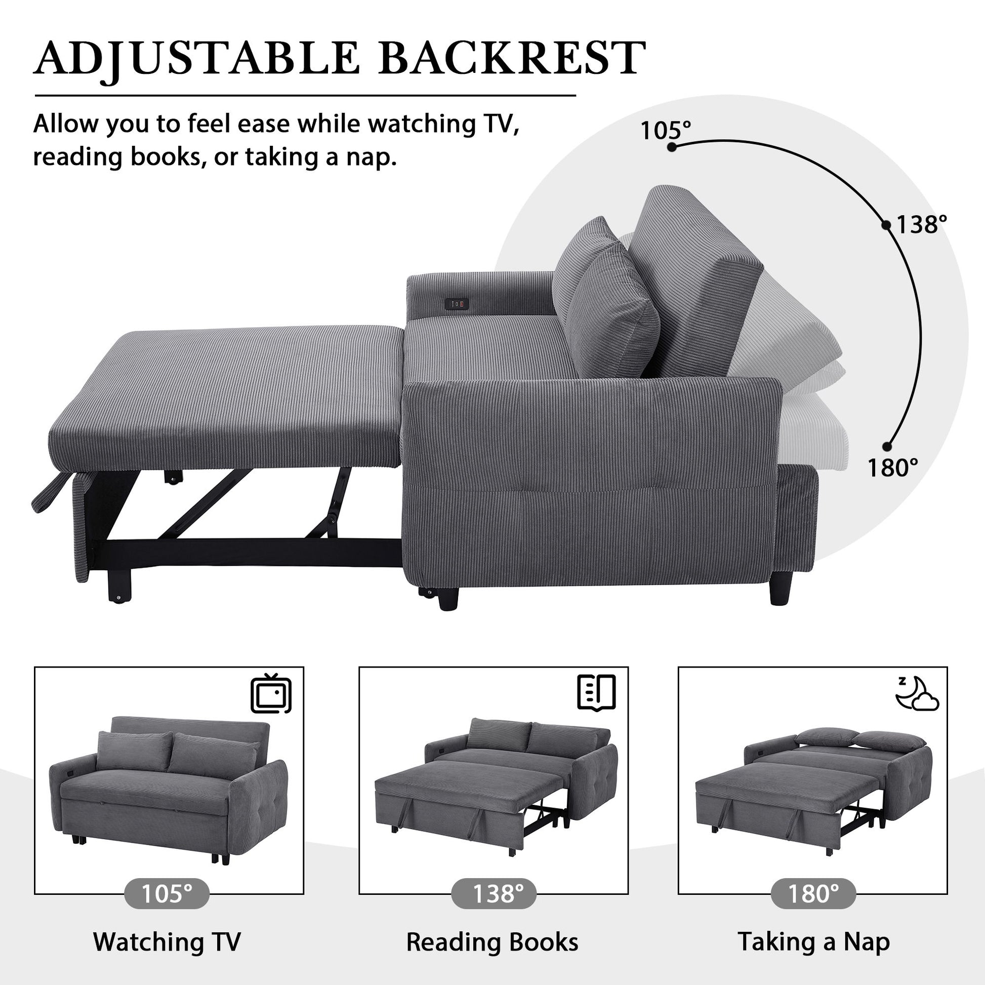 Pull-Out 2 Seat Modern Sleeper Sofa With 2 Throw Pillows And USB Ports Hearth and Haven