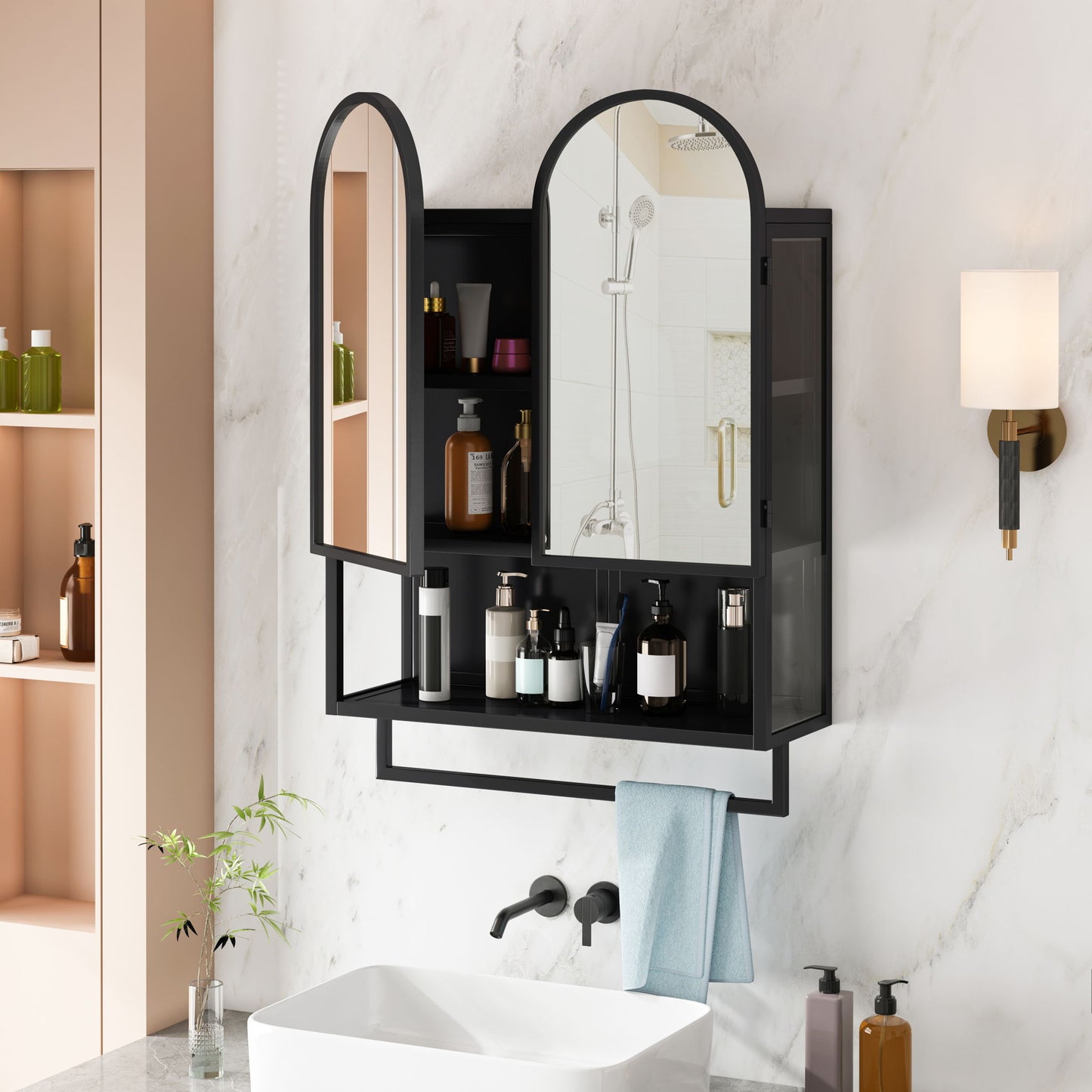 Double Arched Mirror Wall Cabinet With 2 Doors, Featuring Adjustable Shelves And Towel Rack Daily Nest