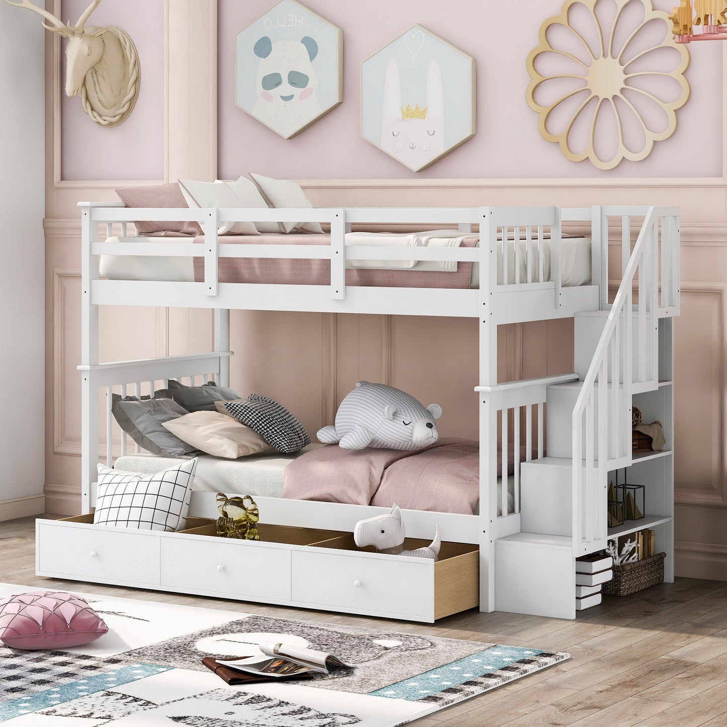 Stairway Twin Over Twin Bunk Bed With Three Drawers For Bedroom, Dorm