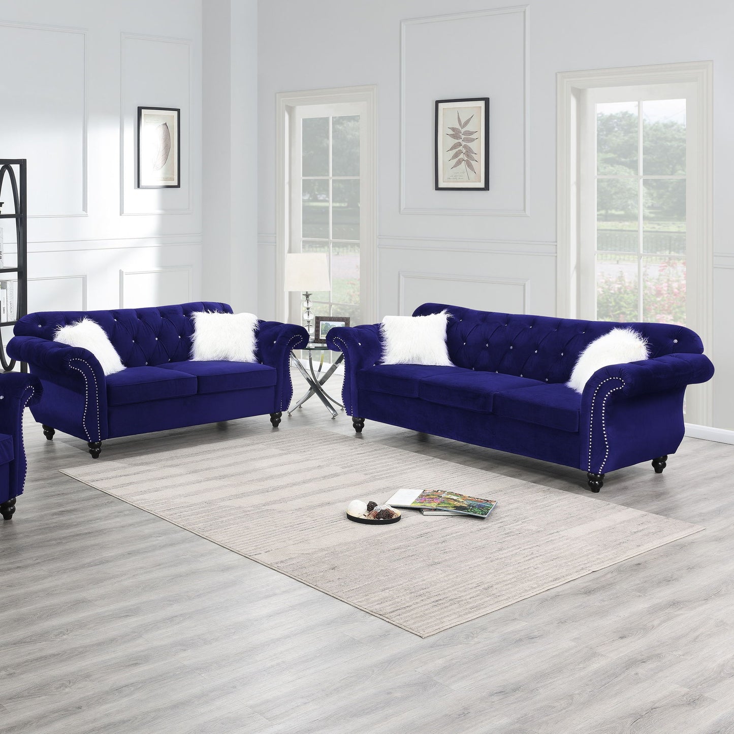 Upholstered Sofa Set With Crystal Tufted Seat And Nailhead Trim, 2 Piece Living Room Furniture - Indigo Home Essentials
