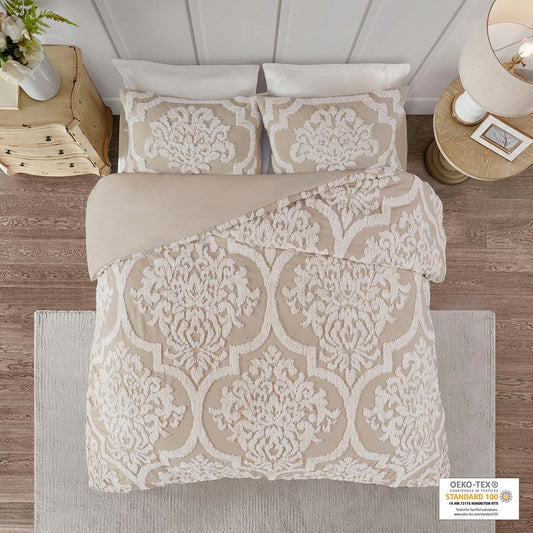 Viola - 3 Piece Tufted Damask Duvet Cover Set - Taupe