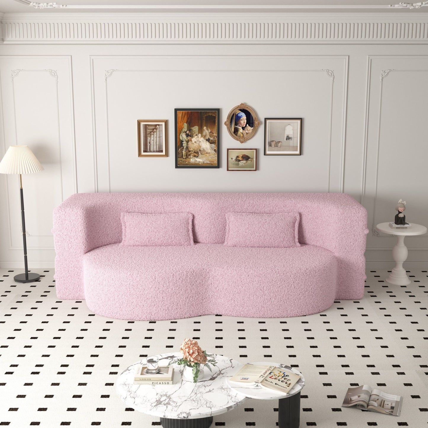 Modern Floor Sofa, With 2 Pillows, Convertible Teddy Fabric Foam Filled Bed Home Essentials