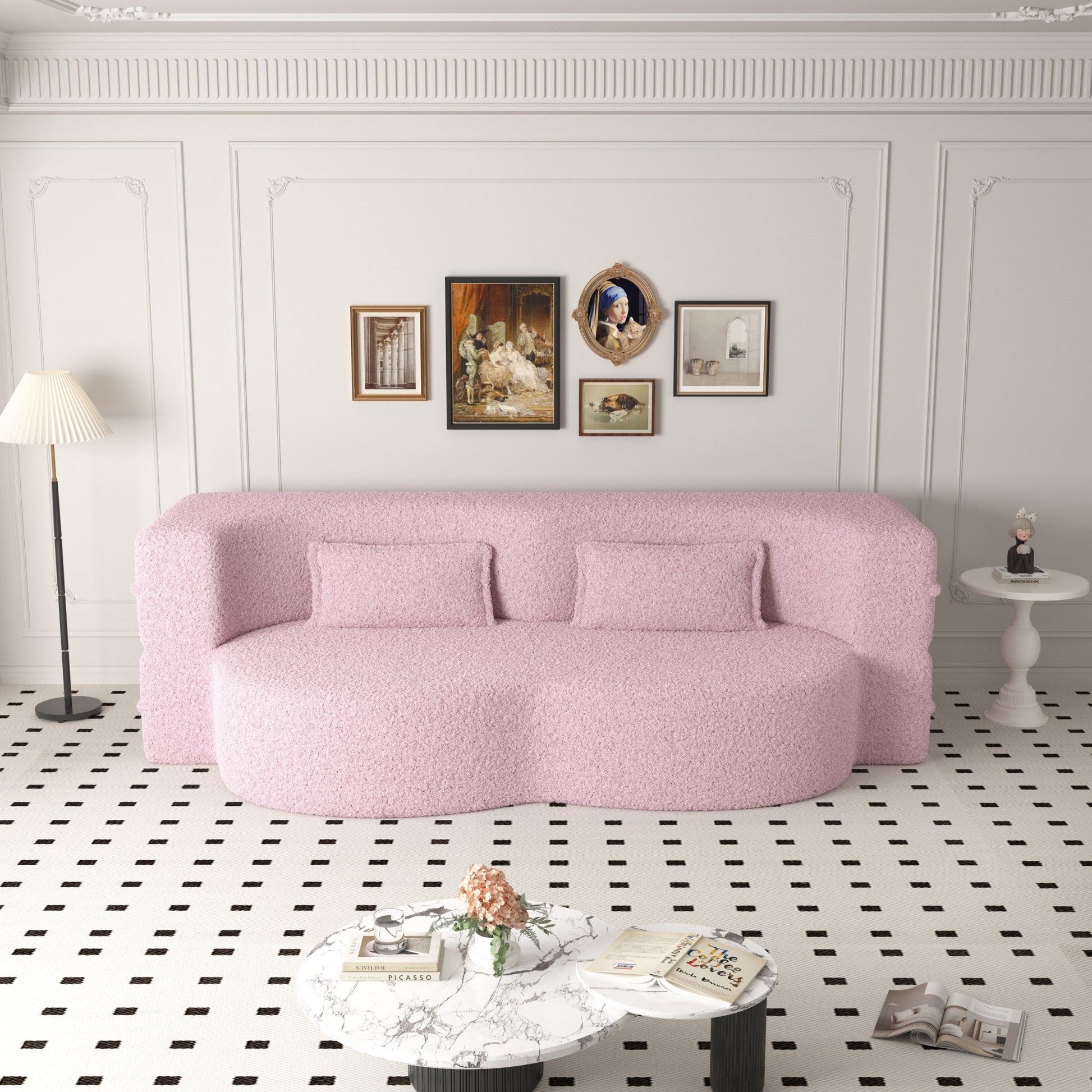 Modern Floor Sofa, With 2 Pillows, Convertible Teddy Fabric Foam Filled Bed Home Essentials