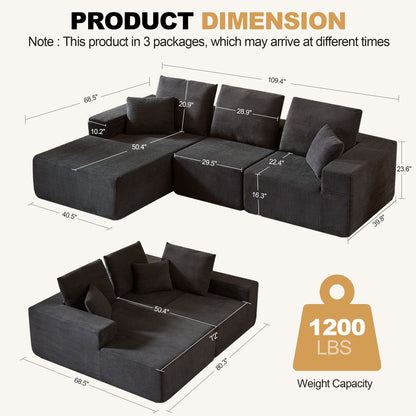 Modular Sectional Sofa With Chaise, L Shaped Cloud Couch With Deep Seat, Sectional Couches For Living Room - Black Home Essentials
