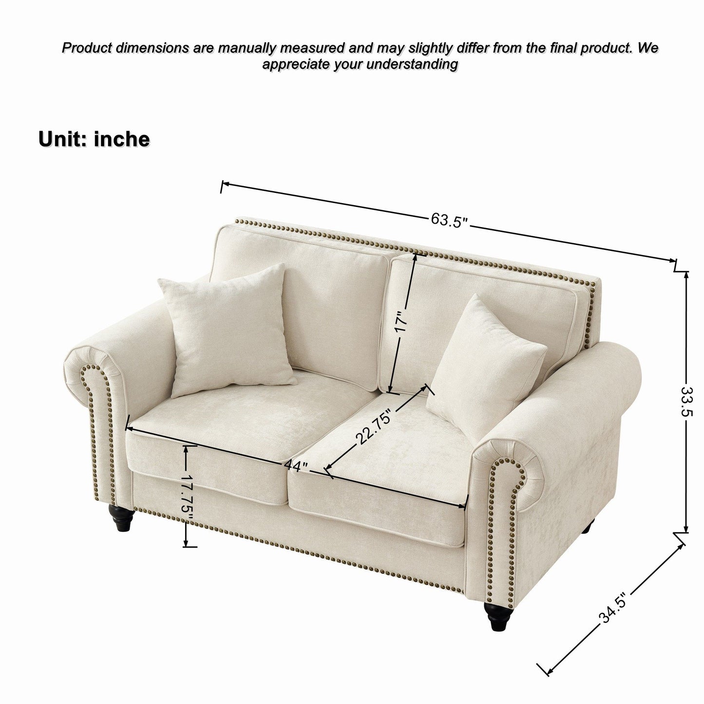 2 Seater Sofa With Rolled Arms, Tufted Upholstered Couch Home Essentials
