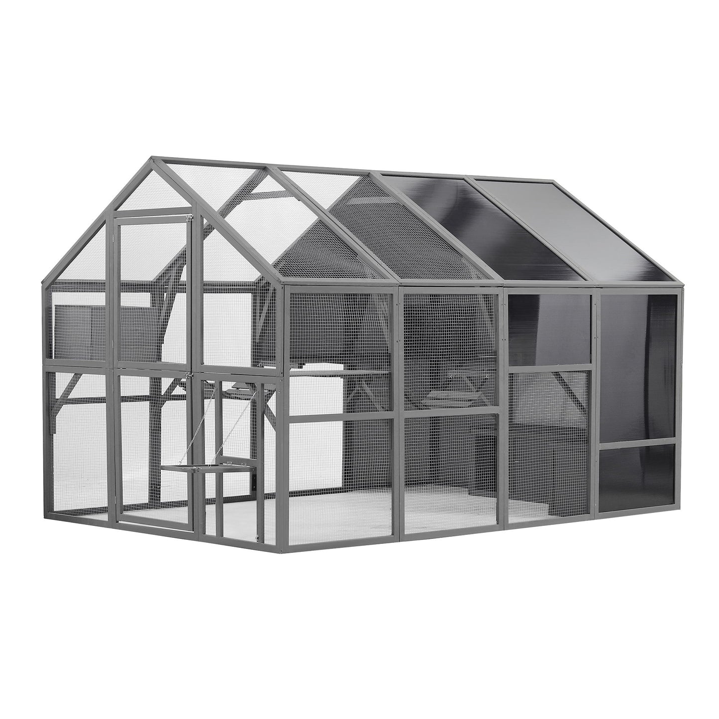 Luxury Cat Cage Outdoor Wooden Catio Enclosure Patio Large Cat Run House For Multiple Pets Walk In Kitten Kennel With Bouncy Bridge, Platforms, Small Houses, Seating And Sunshine Panel - Gray Daily Nest