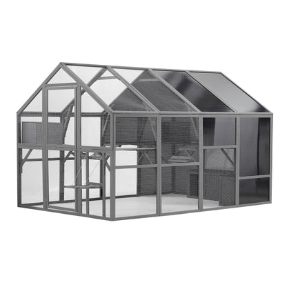 Luxury Cat Cage Outdoor Wooden Catio Enclosure Patio Large Cat Run House For Multiple Pets Walk In Kitten Kennel With Bouncy Bridge, Platforms, Small Houses, Seating And Sunshine Panel - Gray Daily Nest