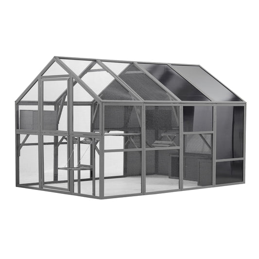 Luxury Cat Cage Outdoor Wooden Catio Enclosure Patio Large Cat Run House For Multiple Pets Walk In Kitten Kennel With Bouncy Bridge, Platforms, Small Houses, Seating And Sunshine Panel - Gray Daily Nest