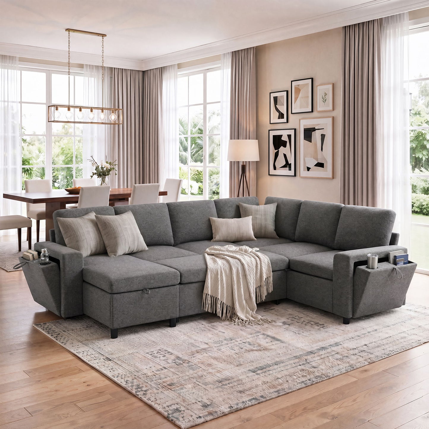 U - Shaped Convertible Sectional Sofa Bed With Storage, USB Charger & Cup Holders Hearth and Haven