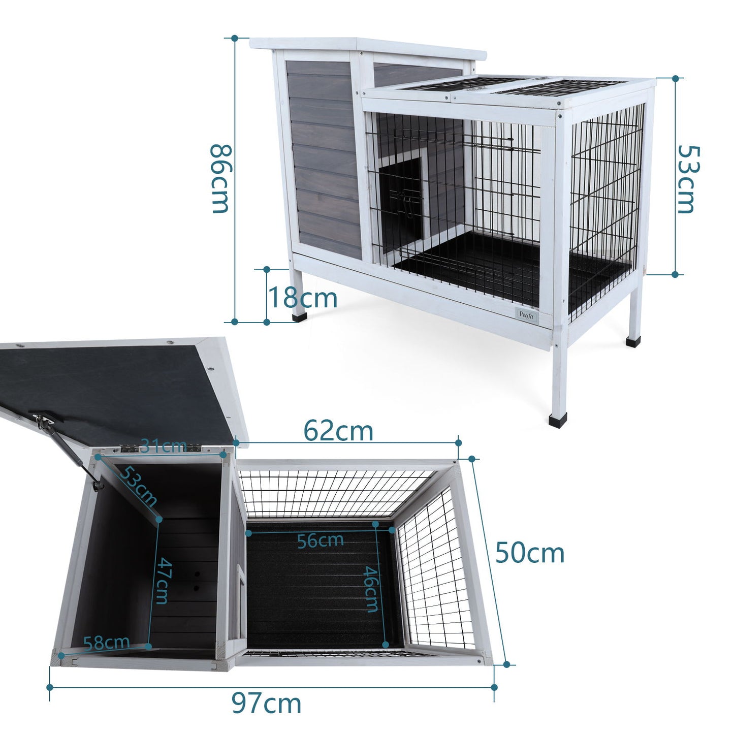 Two Tier Wooden Indoor / Outdoor Rabbit Cage For Small Animals With Runway And Leak-Proof Plastic Tray Daily Nest