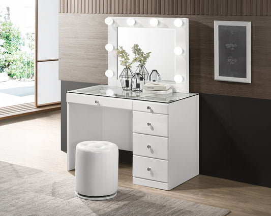 Morgan - Vanity Desk With Glass Top, LED Luxo Mirror & Stool - White Crown Mark
