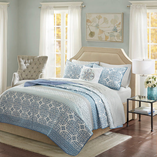 Sybil - California King Complete Reversible Coverlet And Sheet Set - Blue