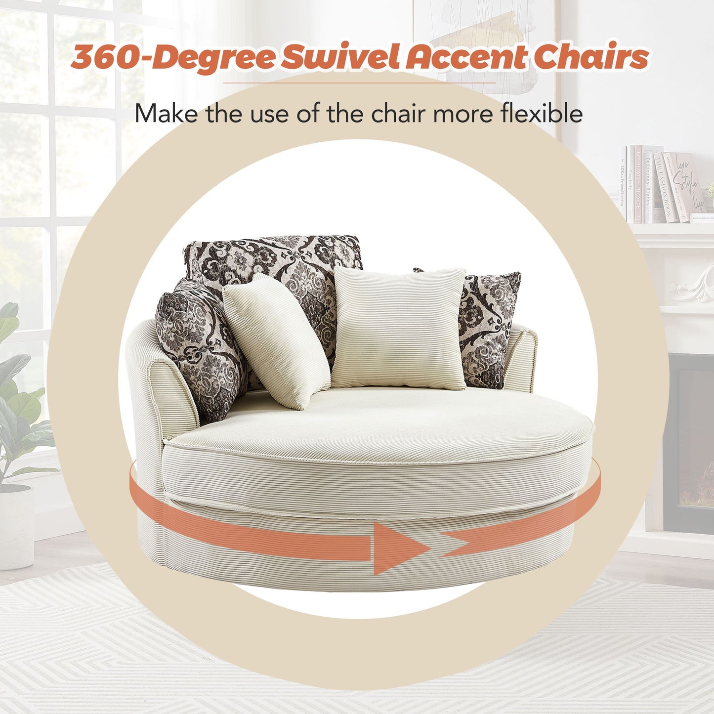 Swivel Accent Barrel Chair With 5 Movable Pillow 360 Degree Swivel Round Sofa Chair For Living Room, Bedroom, Hotel