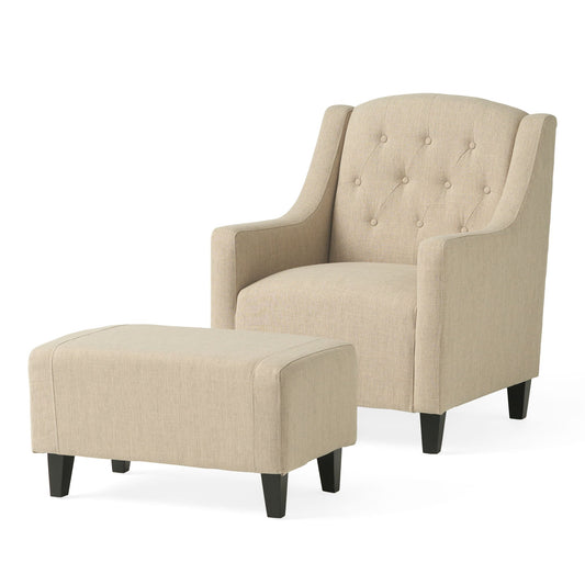 Elegant Upholstered Armchair With Ottoman Set - Beige Noble House
