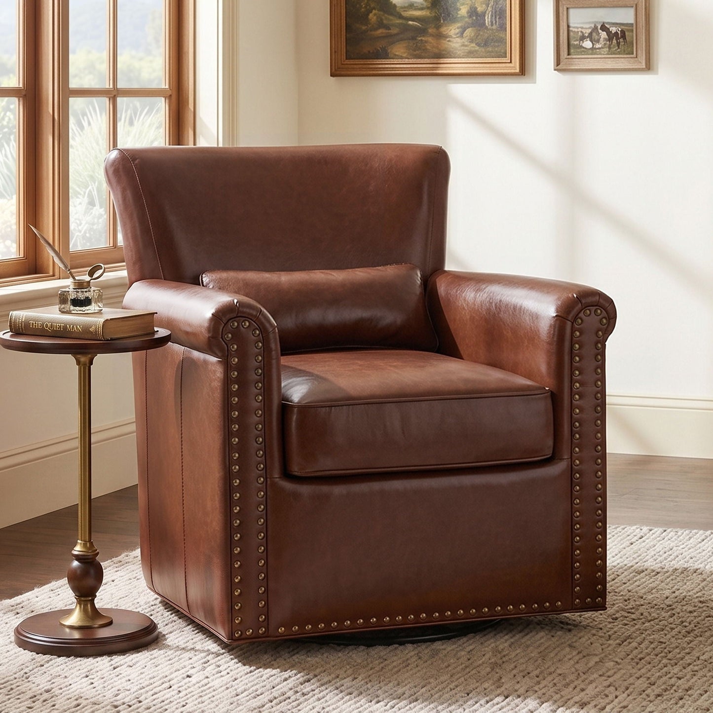 Swivel Accent Chair With Rolled Arm, Sewn Pillow Back, Nailhead Trim For Living Room Noble House