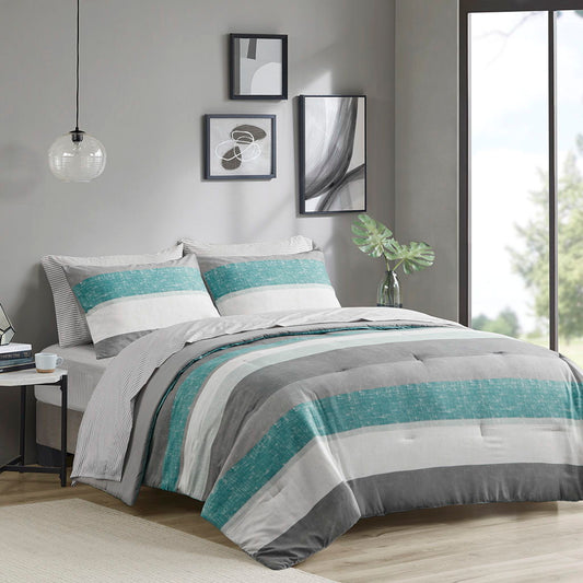 Jaxon - Stripe Comforter Set With Bed Sheets - Light Blue/Gray