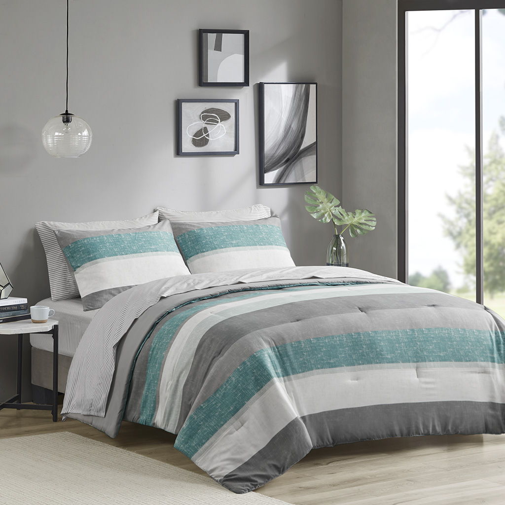 Jaxon - Stripe Comforter Set With Bed Sheets - Aqua/Gray