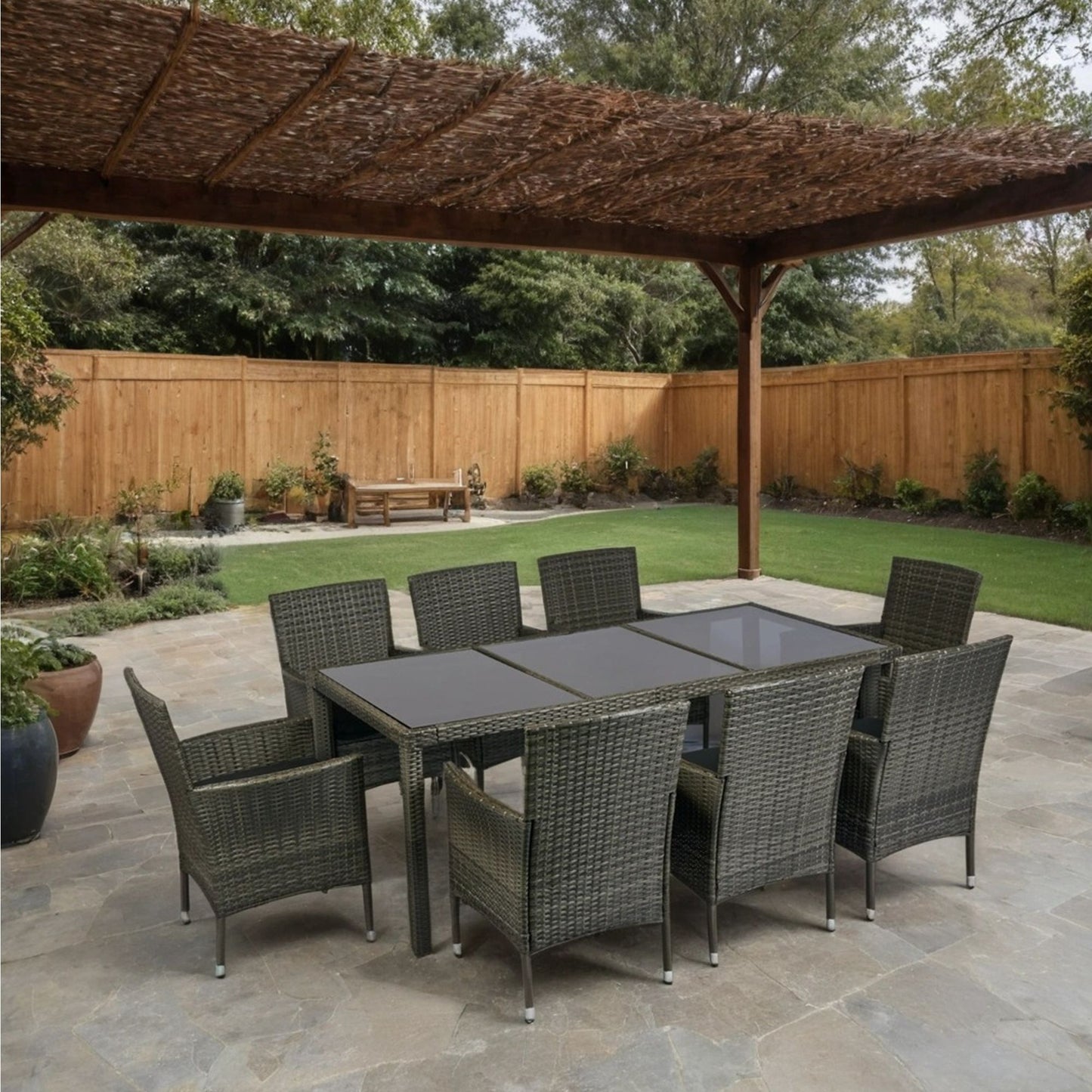 9 Piece Outdoor Patio Wicker Dining Set Patio Wicker Furniture Dining Set Glass Top - Gray / Black Home Essentials