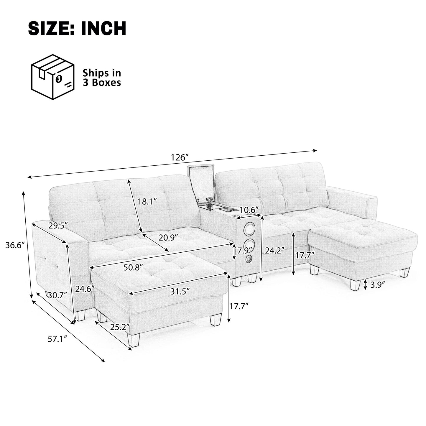 Modern Sectional Sofa U-Shaped With Movable Ottomans, tooth Speakers, LED Lights And Modular Storage Hearth and Haven