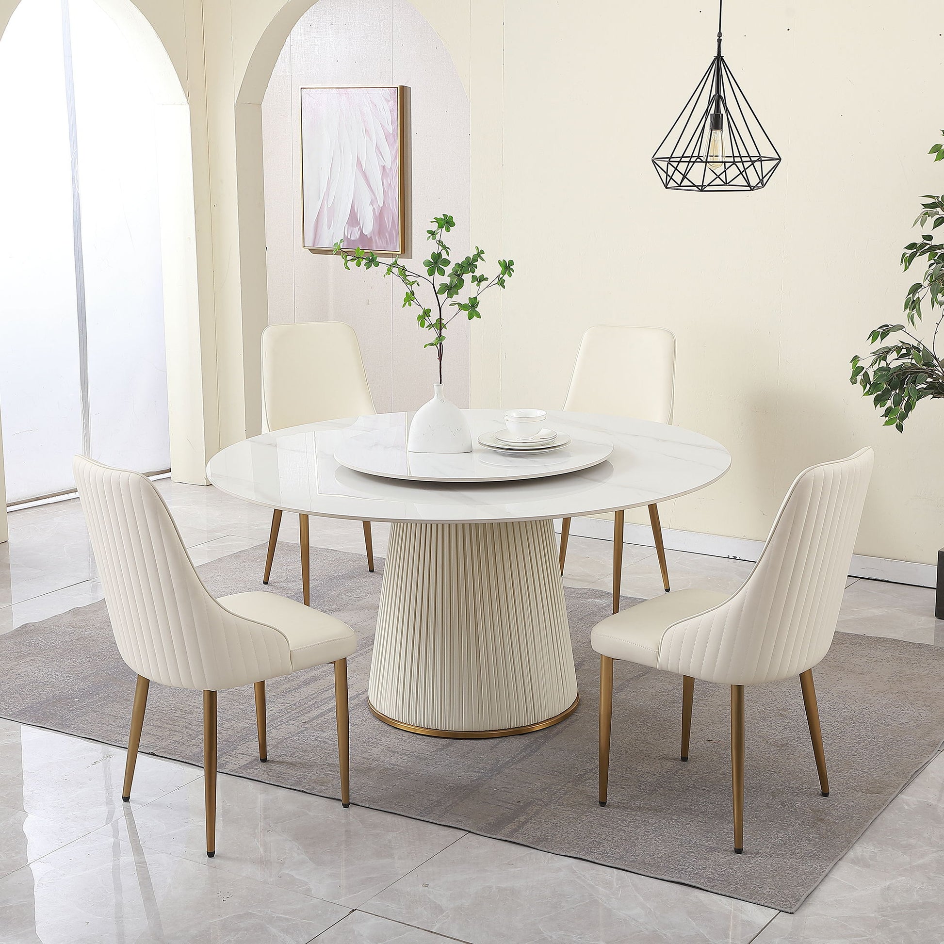 Modern Sintered Stone Dining Table With Round Turntable, Wood And Metal Pedestal, 8 Chairs - White Home Essentials