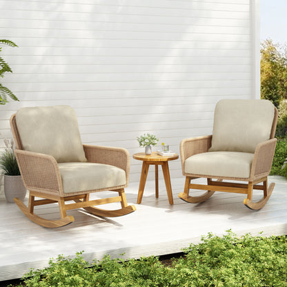 Modern 3 Piece Outdoor Seating Set With Cushioned Rattan Rocking Chairs And Wooden Accent Table Noble House
