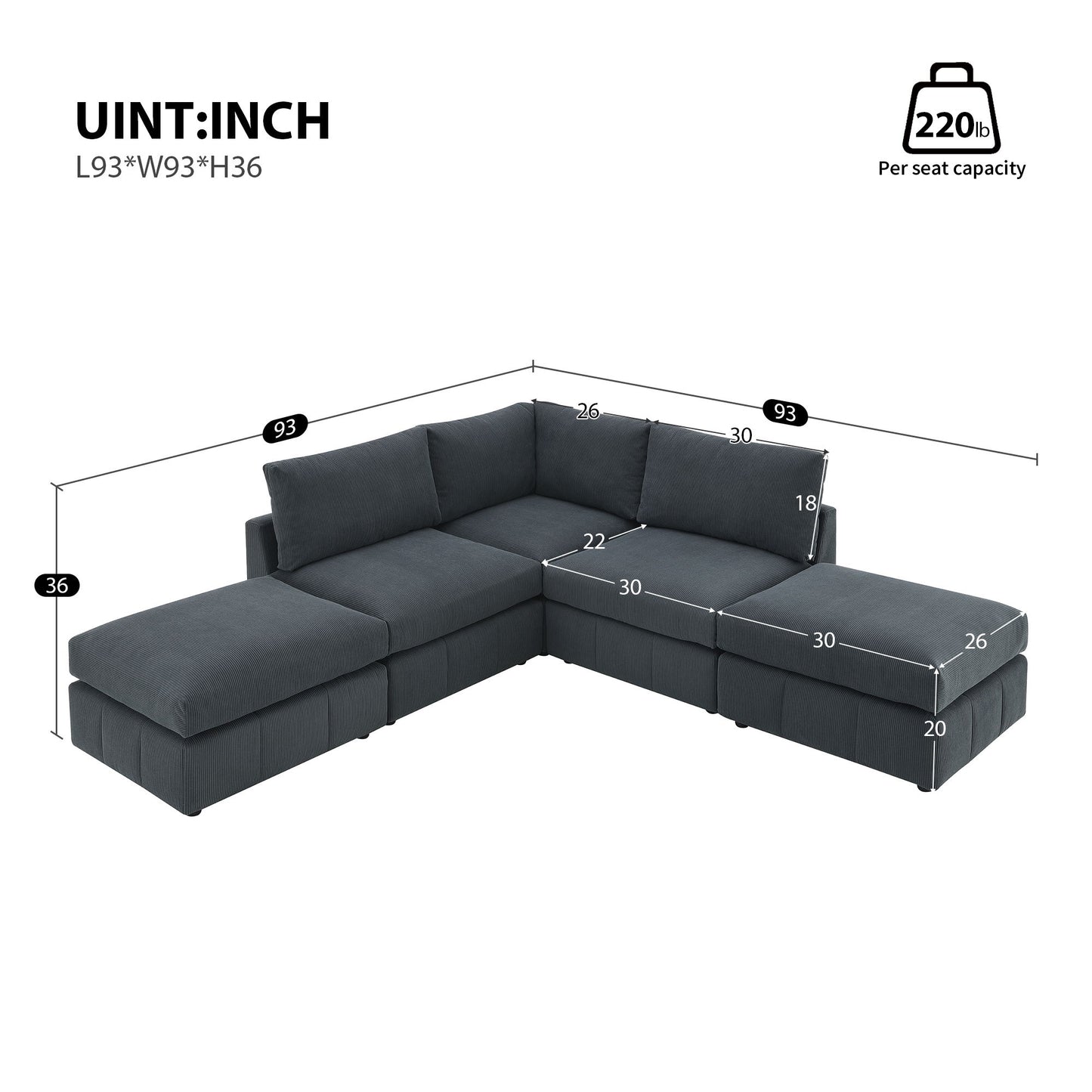 Modern Sectional Sofa With Vertical Stripes, 5 Seat Armless Couch Set With Convertible Ottomans, Various Combinations, L-Shape Indoor Furniture For Living Room