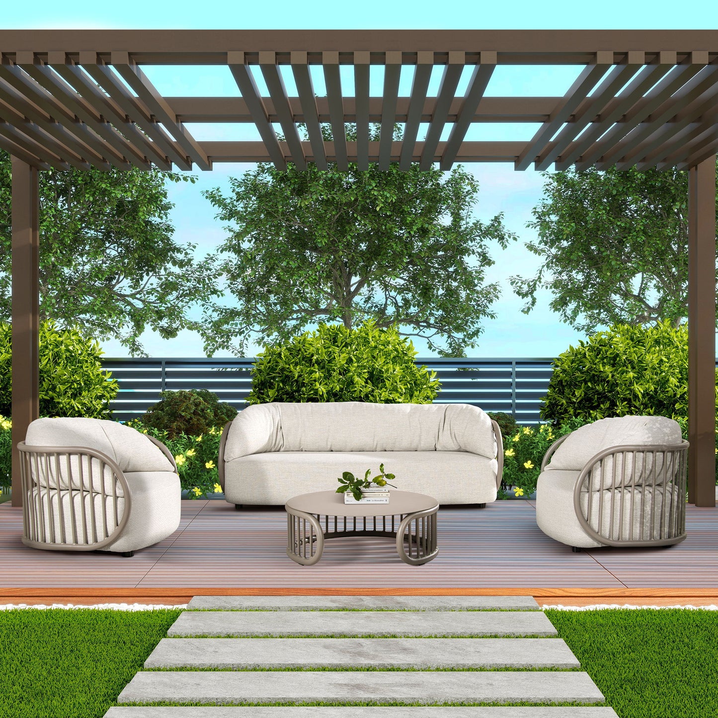 Harper - Barrel Upholstered Patio Deep Seating Armchair Axroma Olefin - Oat Beige Jennifer Taylor Home