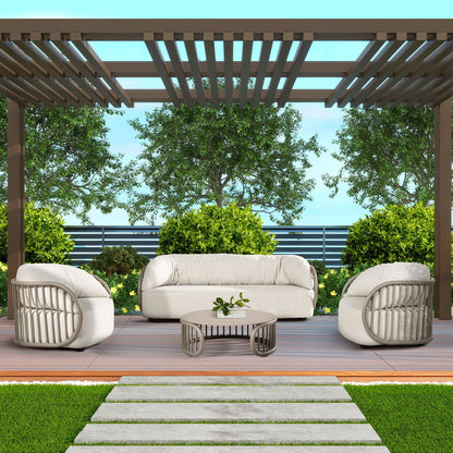 Harper - Barrel Upholstered Patio Deep Seating Armchair Axroma Olefin - Oat Beige Jennifer Taylor Home